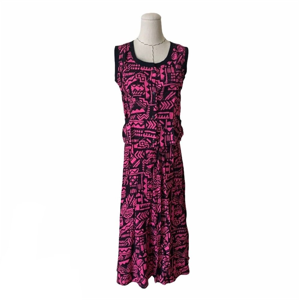 Vintage 80s 2 Piece Pink Top & Skirt Tribal Print Carrie Bradshaw Keith Haring